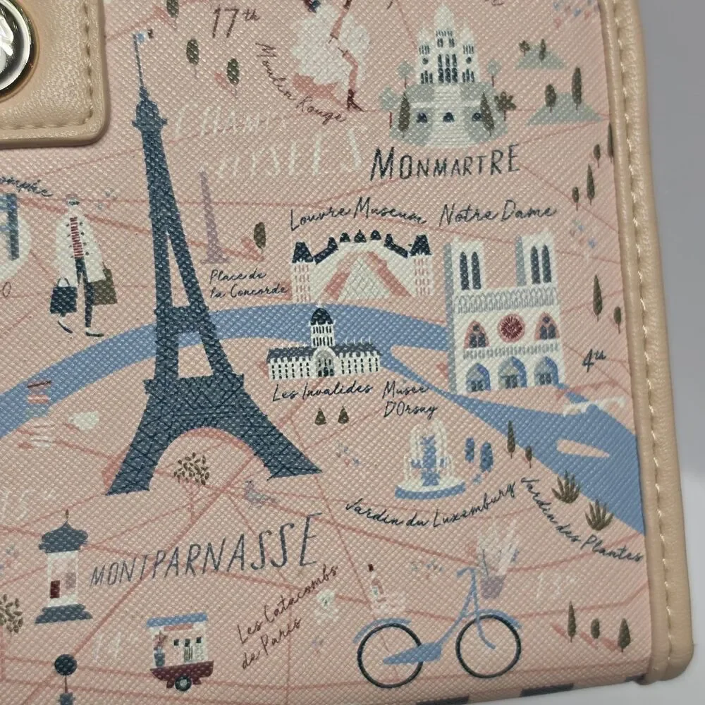 Spartina 449 Paris Map Snap Wallet Beige Blush Pink Faux Leather Travel Eiffel